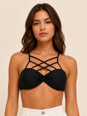 Black Strappy Bandeau Bikini Top | Crisscross Detail | Size L